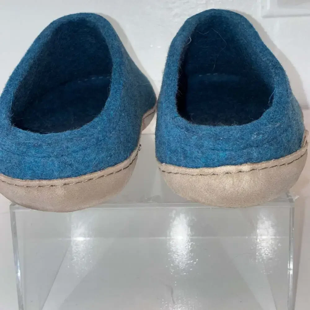 Glerups Unisex Wool Felt Slip-On Slippers with Leather Sole in Denim Blue